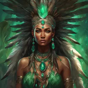 Visionary painting of an alluring mystical tribal goddess surrounded by feathers and emerald gemstones, 8k, Highly Detailed, Intricate, Artstation, Matte Painting, Sharp Focus, Volumetric Lighting, Concept Art by Stanley Artgerm Lau, Greg Rutkowski