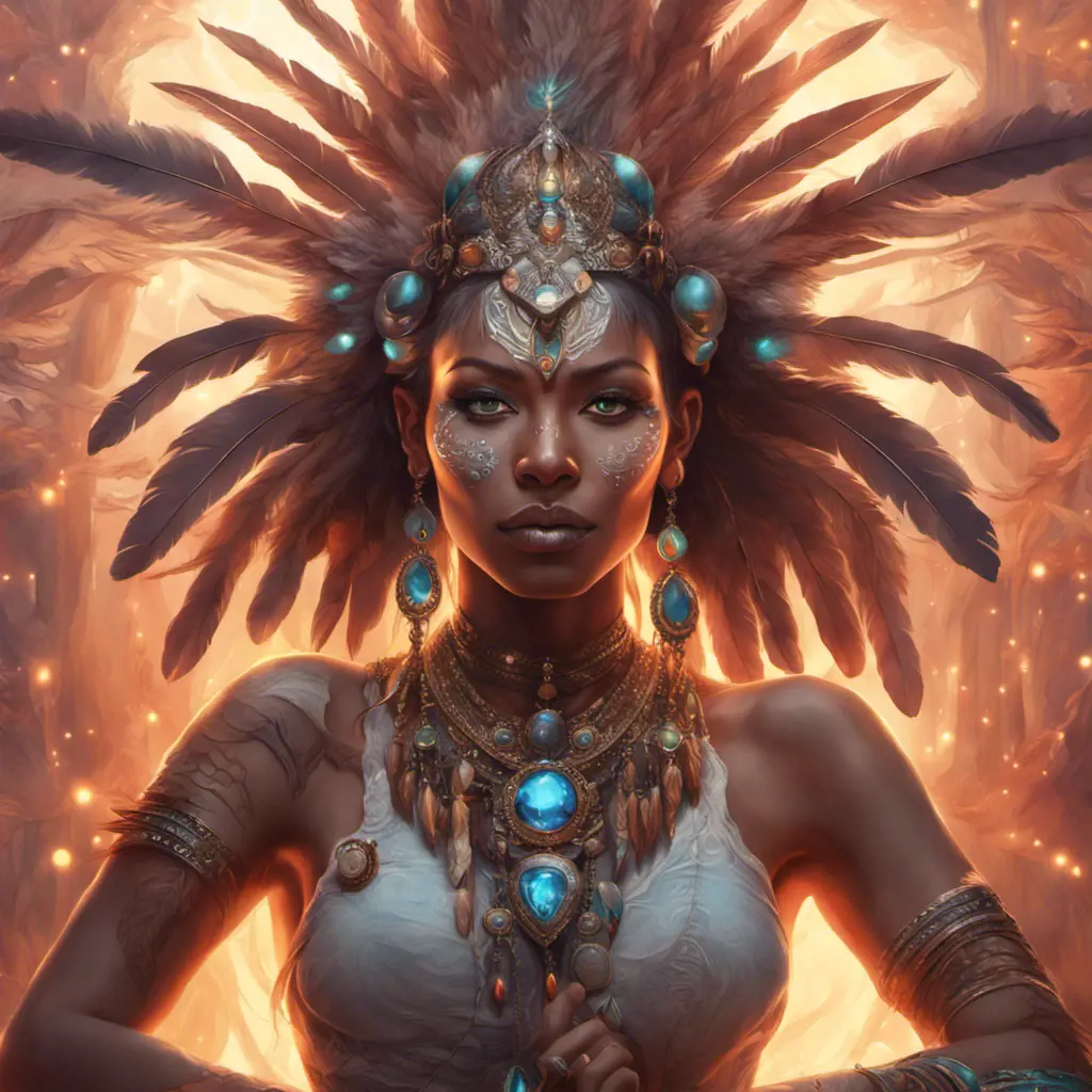 A visionary painting of a single alluring electronic mystical tribal goddess surrounded by feathers and gemstones, 8k, Highly Detailed, Intricate, Artstation, Matte Painting, Sharp Focus, Volumetric Lighting, Concept Art by Stanley Artgerm Lau, Greg Rutkowski