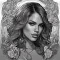 Grayscale portrait of Eiza González with colored tattoos, 4k, Highly Detailed, Hyper Detailed, Powerful, Artstation, Vintage Illustration, Digital Painting, Sharp Focus, Smooth, Concept Art by Alphonse Mucha