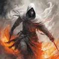 White Assassin emerging from a firey fog of battle, ink splash, Highly Detailed, Vibrant Colors, Ink Art, Fantasy, Dark by Stanley Artgerm Lau