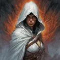 White hooded female assassin emerging from the fog of war, Highly Detailed, Vibrant Colors, Ink Art, Fantasy, Dark by Alex Horley