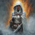 White hooded female assassin emerging from the fog of war, Highly Detailed, Vibrant Colors, Ink Art, Fantasy, Dark by Alex Horley