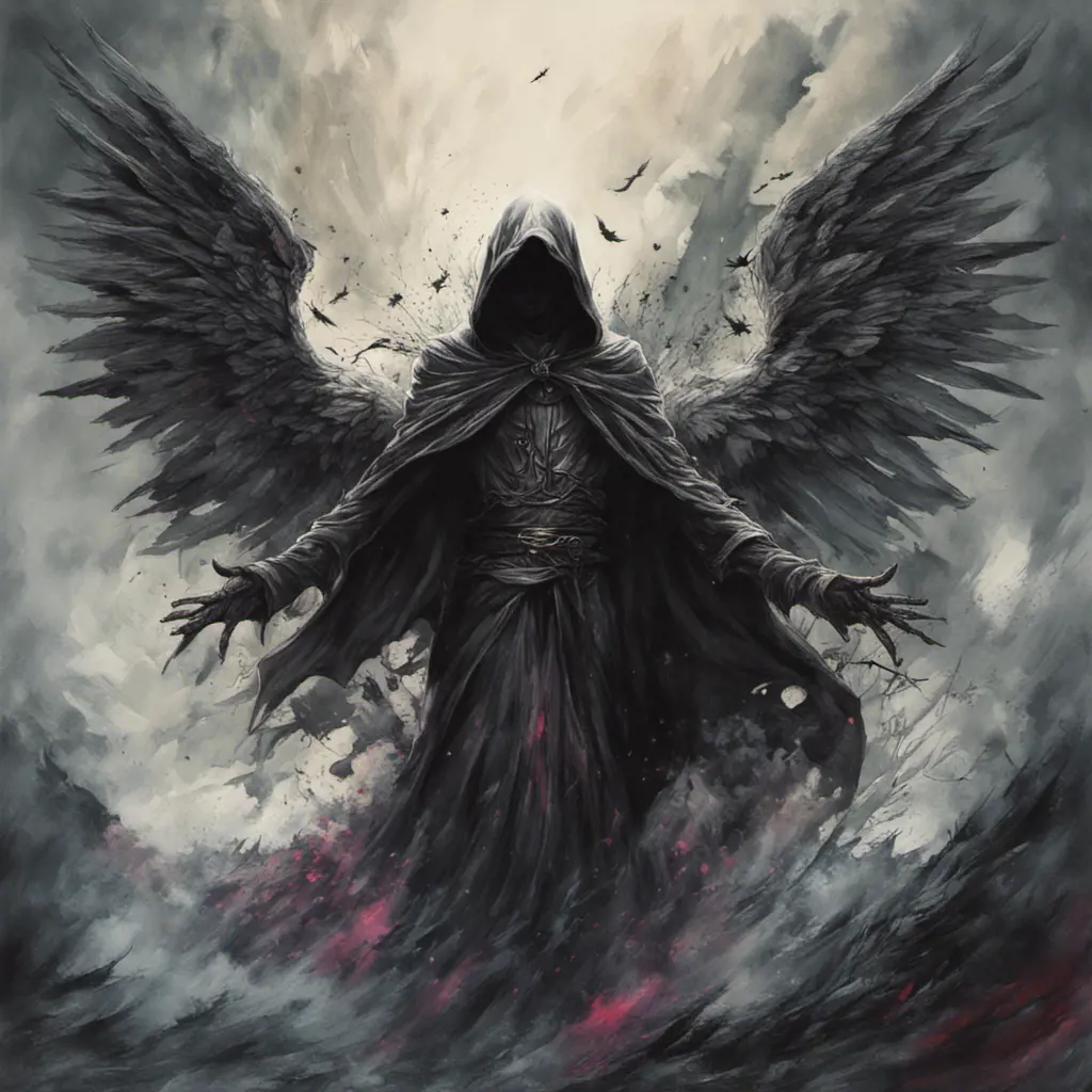 Hooded Angel of Death emerging from the fog of war, ink splash, Highly Detailed, Vibrant Colors, Ink Art, Fantasy, Dark by Stanley Artgerm Lau