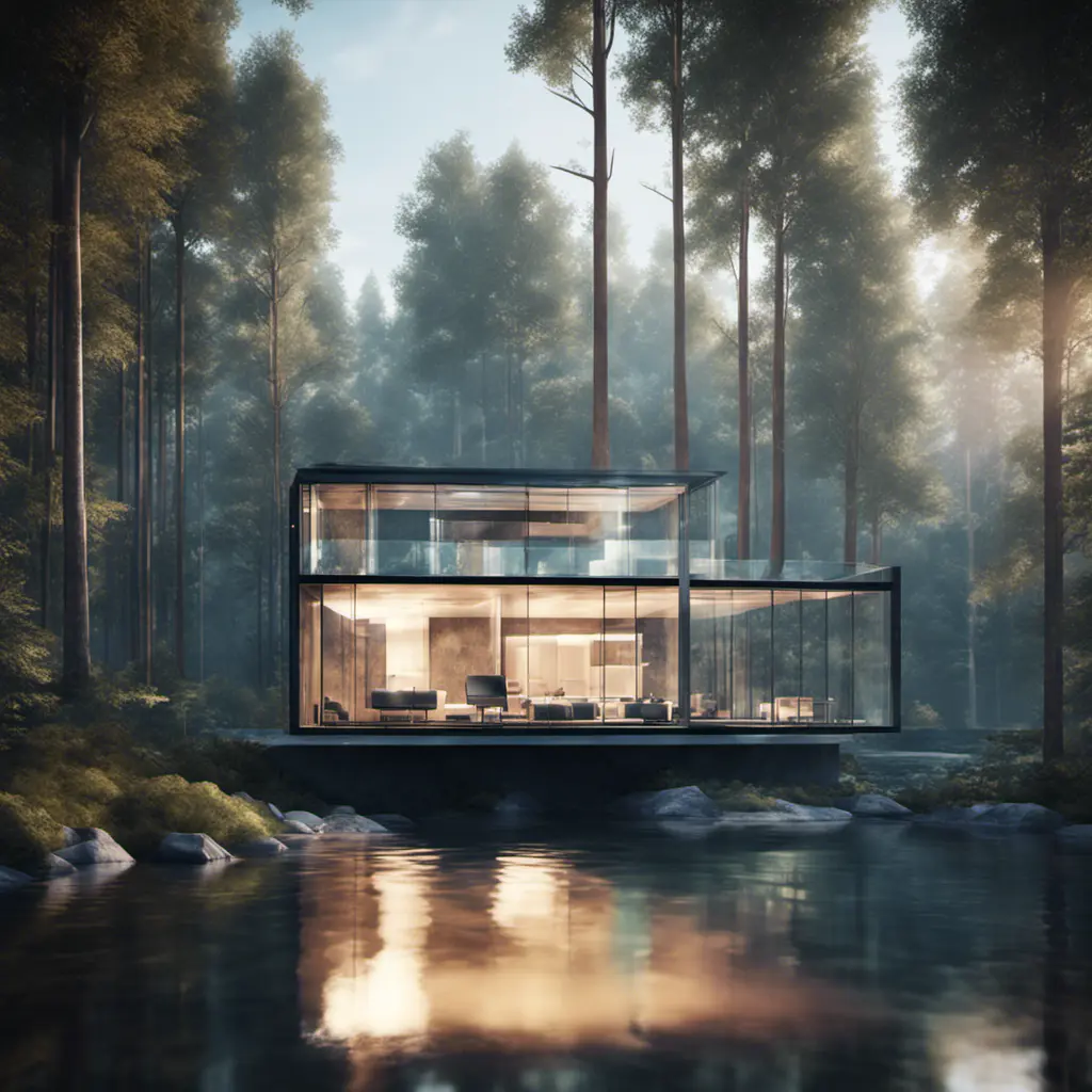 Beautiful futuristic architectural glass house in the forest on a large lake, 8k, Award-Winning, Highly Detailed, Beautiful, Epic, Octane Render, Unreal Engine, Radiant, Volumetric Lighting by Leonid Afremov