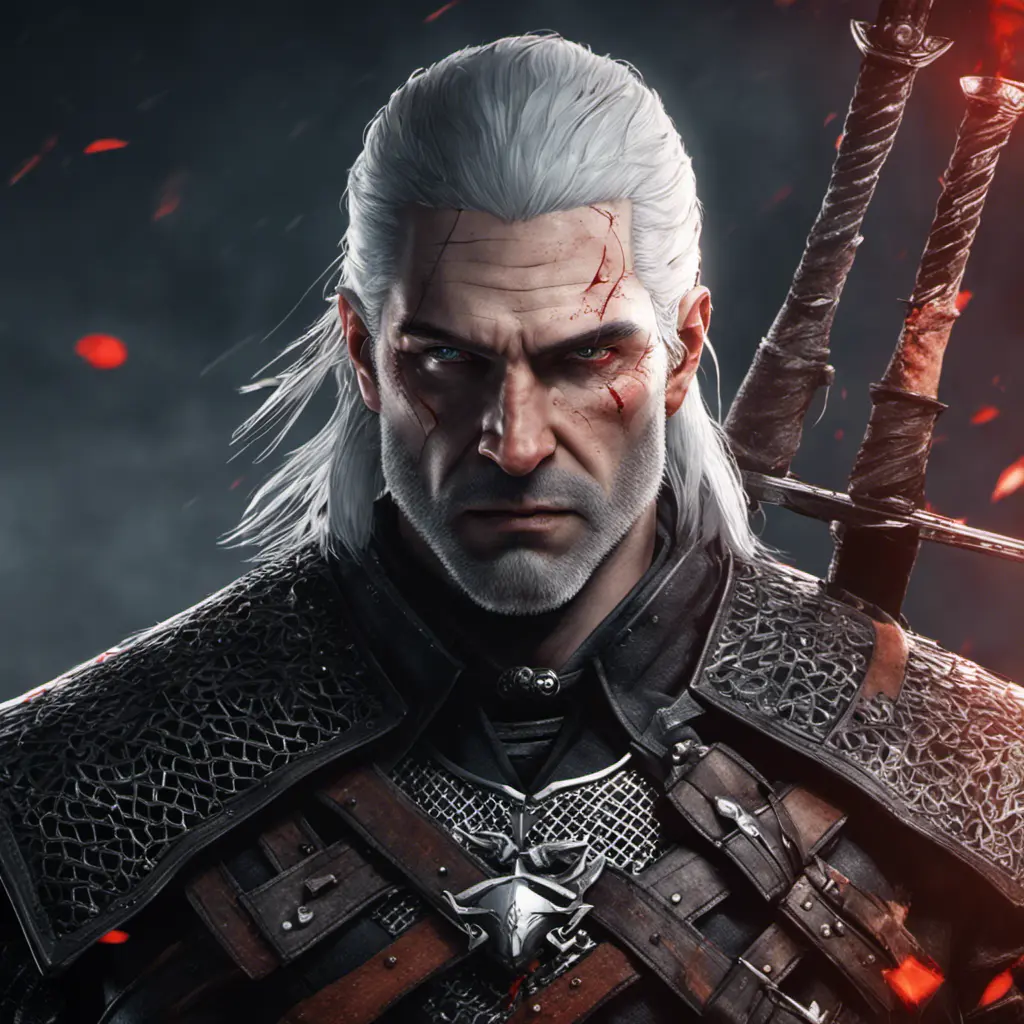 Geralt as a rouge assassin in The Witcher 3 Style, 4k, Highly Detailed, Beautiful, Cinematic Lighting, Sharp Focus, Volumetric Lighting, Closeup Portrait, Concept Art