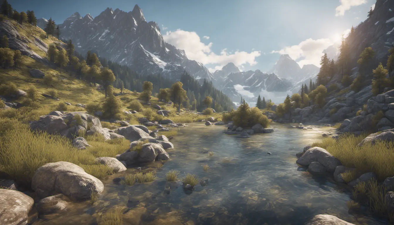 Lake in mountains streams and rivers flow down slopes of mountains and rocks into the valley spring in mountains, 8k, Award-Winning, Highly Detailed, Beautiful, Octane Render, Unreal Engine, Radiant, Volumetric Lighting by Greg Rutkowski