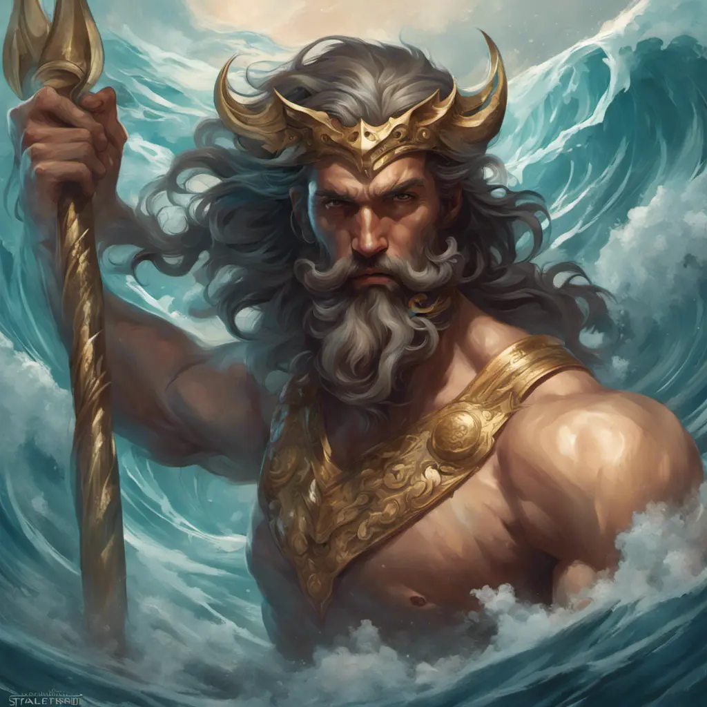 Matte portrait of a fierce Poseidon, God of the sea, 4k, Highly Detailed, Hyper Detailed, Powerful, Artstation, Vintage Illustration, Digital Painting, Sharp Focus, Smooth, Concept Art by Stanley Artgerm Lau, Alphonse Mucha, Greg Rutkowski