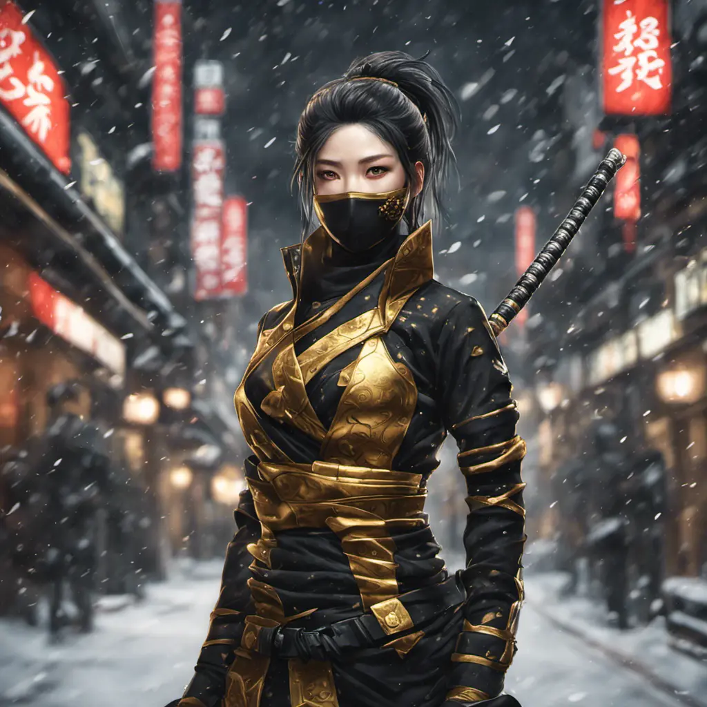 Mysterious beautiful armed kunoichi ninja wearing black and gold in the streets of dark snowy tokyo, 8k, Intricate Details, Trending on Artstation, Beautiful, Stunning, Centered by Stanley Artgerm Lau, WLOP