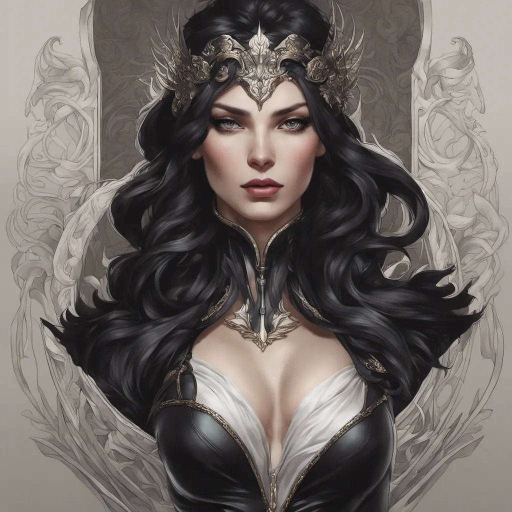 Alluring matte portrait of a beautiful Morgana wearing black leather, 8k, Highly Detailed, Intricate, Half Body, Realistic, Sharp Focus, Volumetric Lighting, Fantasy, Elegant by Stanley Artgerm Lau, Alphonse Mucha, WLOP