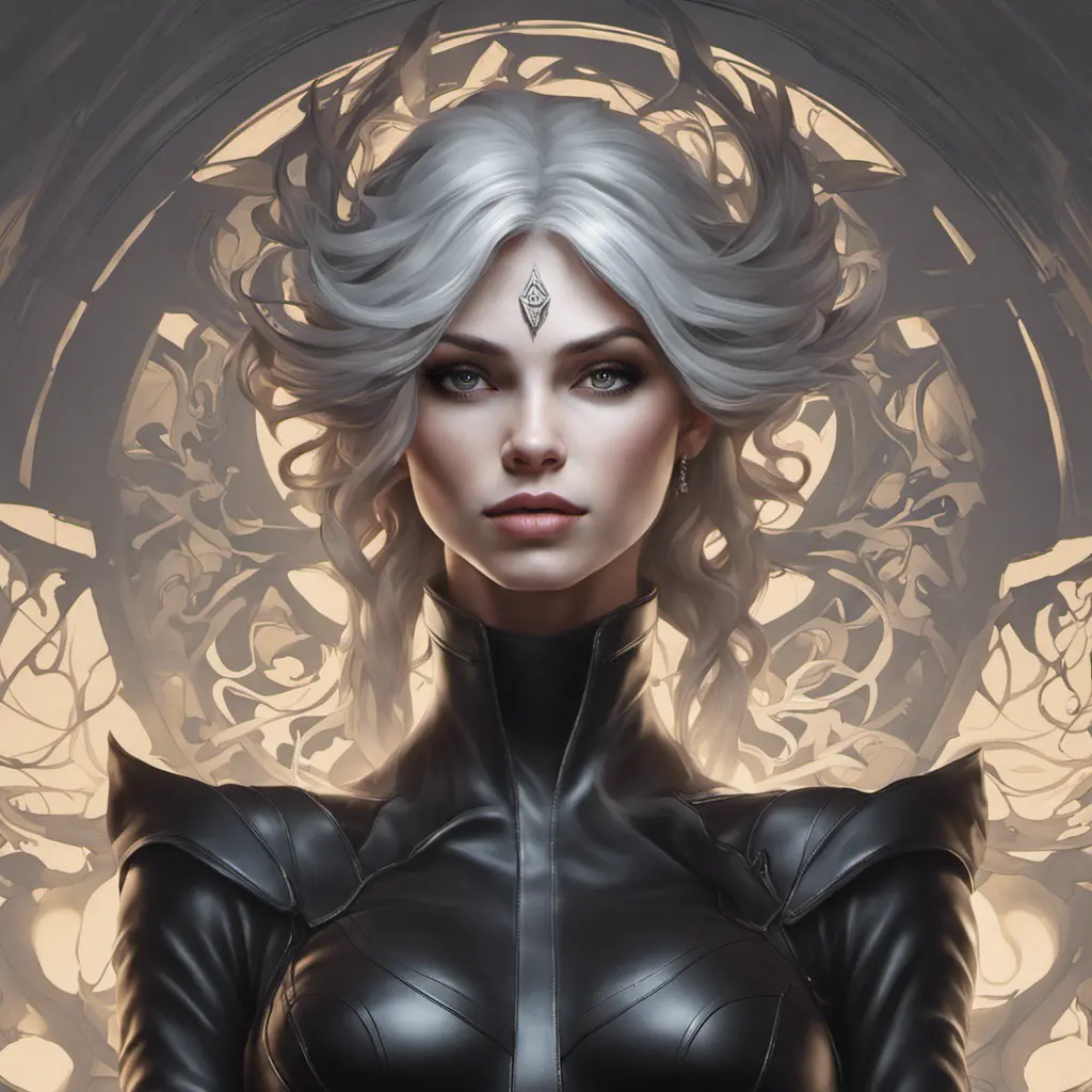 Alluring matte portrait of the beautiful goddess Selene in black leather, 8k, Highly Detailed, Intricate, Realistic, Sharp Focus, Volumetric Lighting, Fantasy, Elegant by Stanley Artgerm Lau, Alphonse Mucha, WLOP