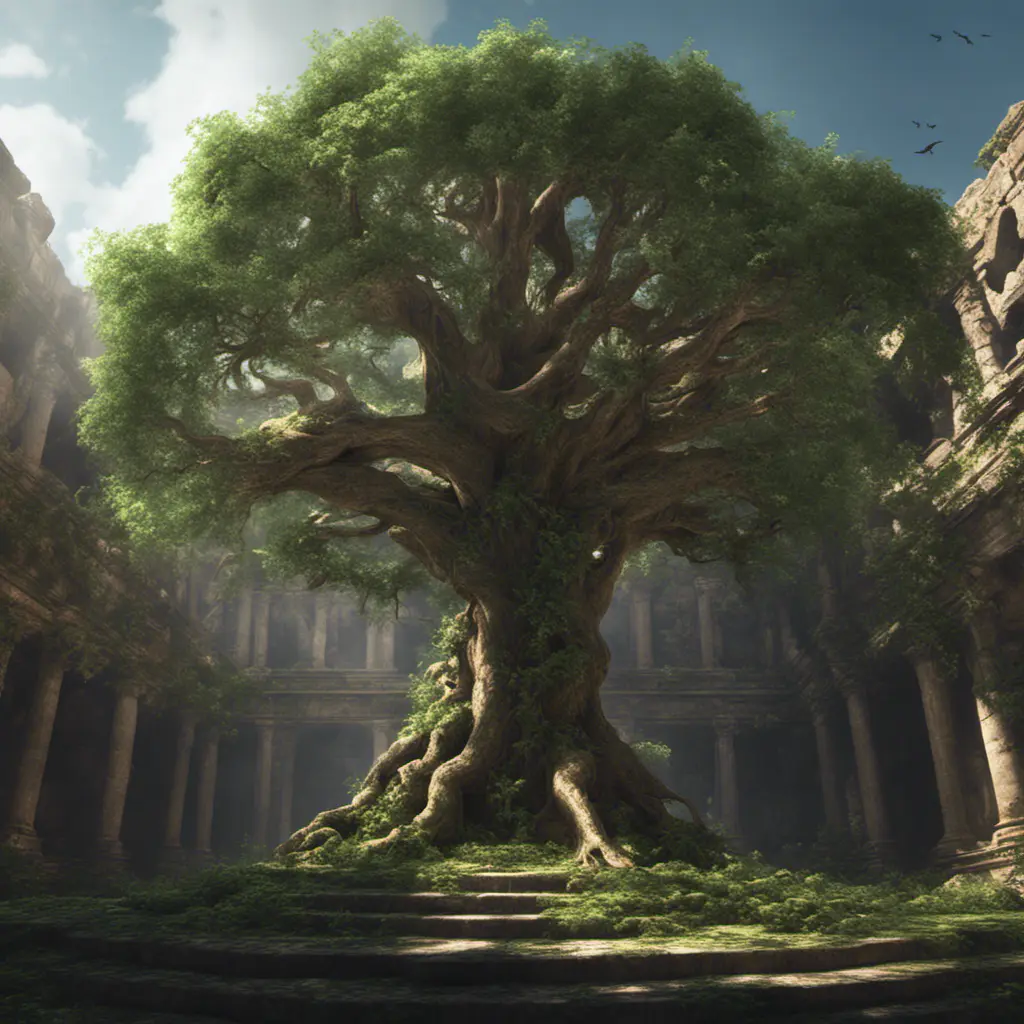 A Tree Of Life growing in the middle of overgrown ancient ruins indoors., 4k resolution, Hyper Detailed, Trending on Artstation, Volumetric Lighting, Concept Art, Digital Art, Fantasy, Dark by Greg Rutkowski