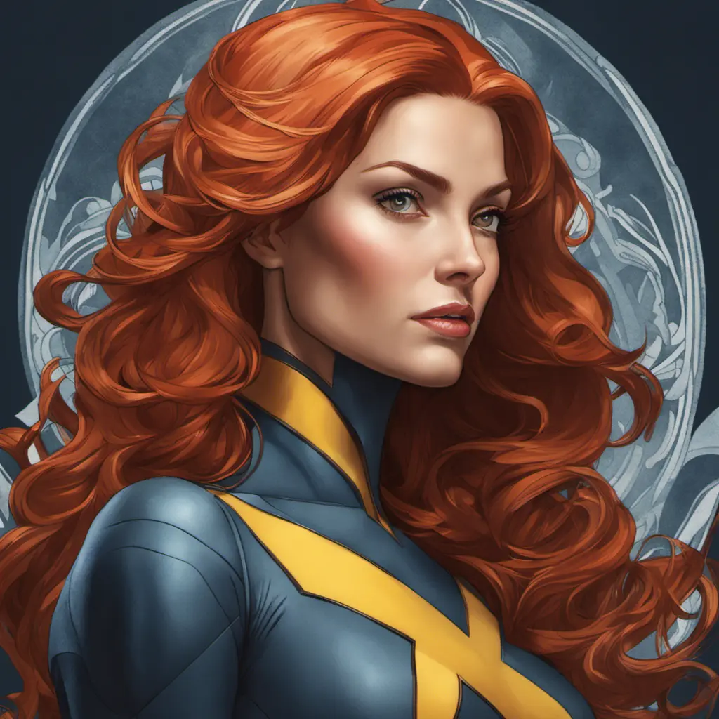 Alluring matte portrait of a beautiful Jean Grey from X-Men, 8k, Highly Detailed, Intricate, Half Body, Realistic, Sharp Focus, Volumetric Lighting, Fantasy, Elegant by Alphonse Mucha