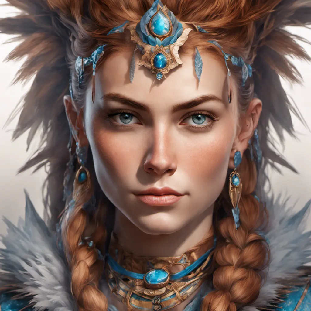 Alluring highly detailed matte portrait of a beautiful Aloy with shimmering hair in the style of Stefan Kostic, 8k, High Definition, Highly Detailed, Intricate, Half Body, Realistic, Sharp Focus, Fantasy, Elegant