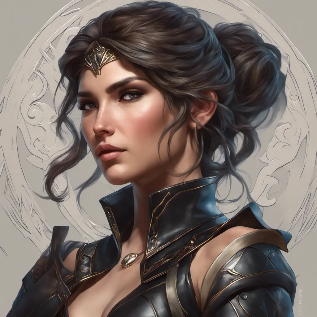 Alluring matte portrait of a beautiful Kassandra wearing black leather, 8k, Highly Detailed, Intricate, Half Body, Realistic, Sharp Focus, Volumetric Lighting, Fantasy, Elegant by Stanley Artgerm Lau, Alphonse Mucha, WLOP