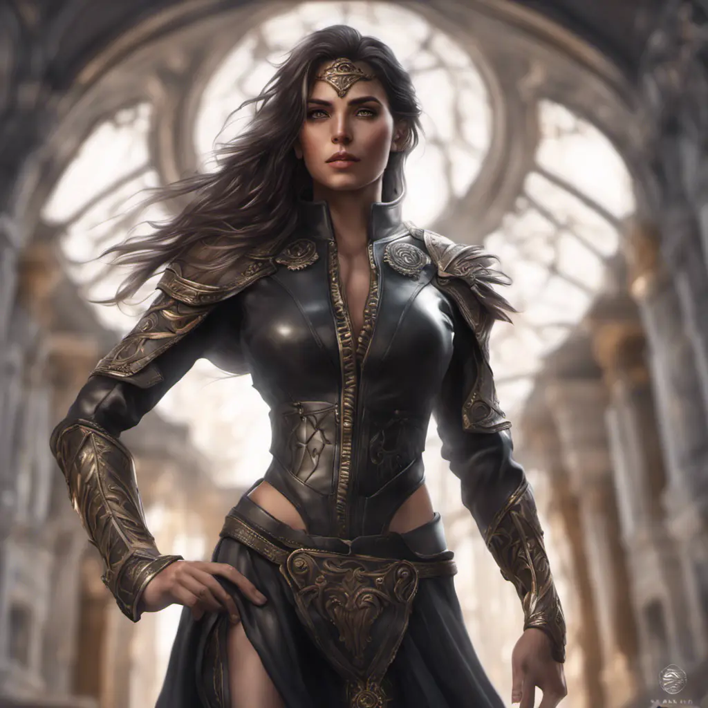 Alluring matte full body portrait of a beautiful Kassandra wearing black leather, 8k, Highly Detailed, Intricate, Realistic, Sharp Focus, Volumetric Lighting, Fantasy, Elegant by Stanley Artgerm Lau, WLOP