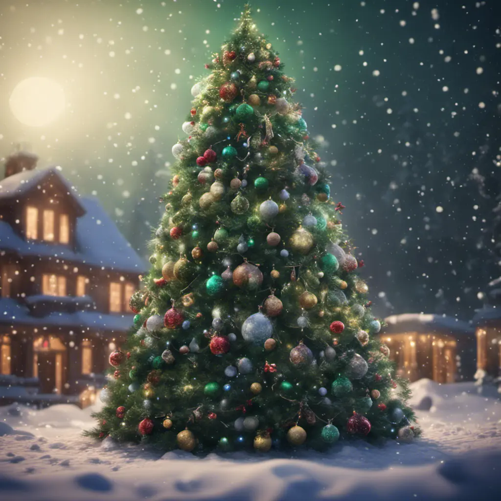 A large green christamas tree in snow lit full of christmas decorations, 8k, Highly Detailed, Digital Painting, Photo Realistic, Sharp Focus, Octane Render, Unreal Engine, Volumetric Lighting