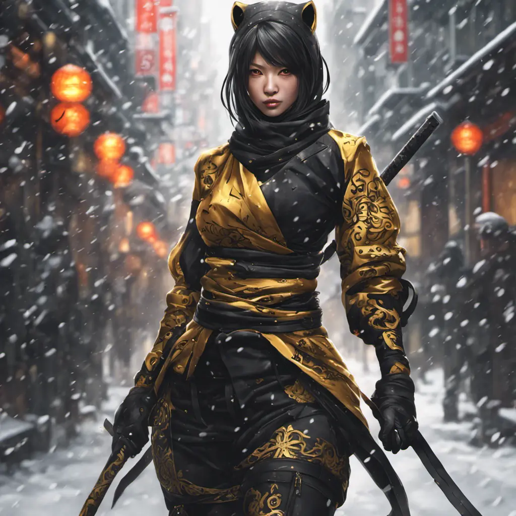 Mysterious beautiful armed kunoichi ninja wearing black and gold in the streets of dark snowy tokyo, 8k, Intricate Details, Trending on Artstation, Beautiful, Stunning, Centered by Stanley Artgerm Lau, WLOP