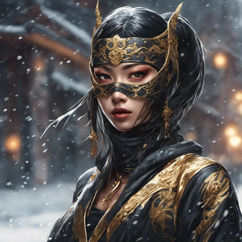 Alluring portrait of a mysterious beautiful masked kunoichi ninja wearing eyeliner and gold jewelry in the streets of a dark snowy town in moscow, fluid motion, 8k, Intricate Details, Trending on Artstation, Beautiful, Stunning by Stanley Artgerm Lau, WLOP