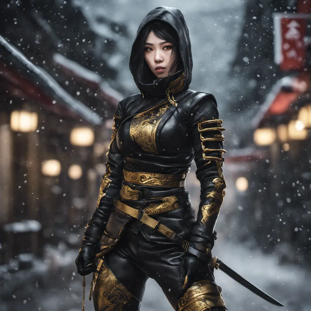 Mysterious beautiful armed kunoichi ninja wearing black leather and gold in the streets of dark snowy tokyo, 8k, Intricate Details, Trending on Artstation, Beautiful, Stunning, Centered by Stanley Artgerm Lau, WLOP