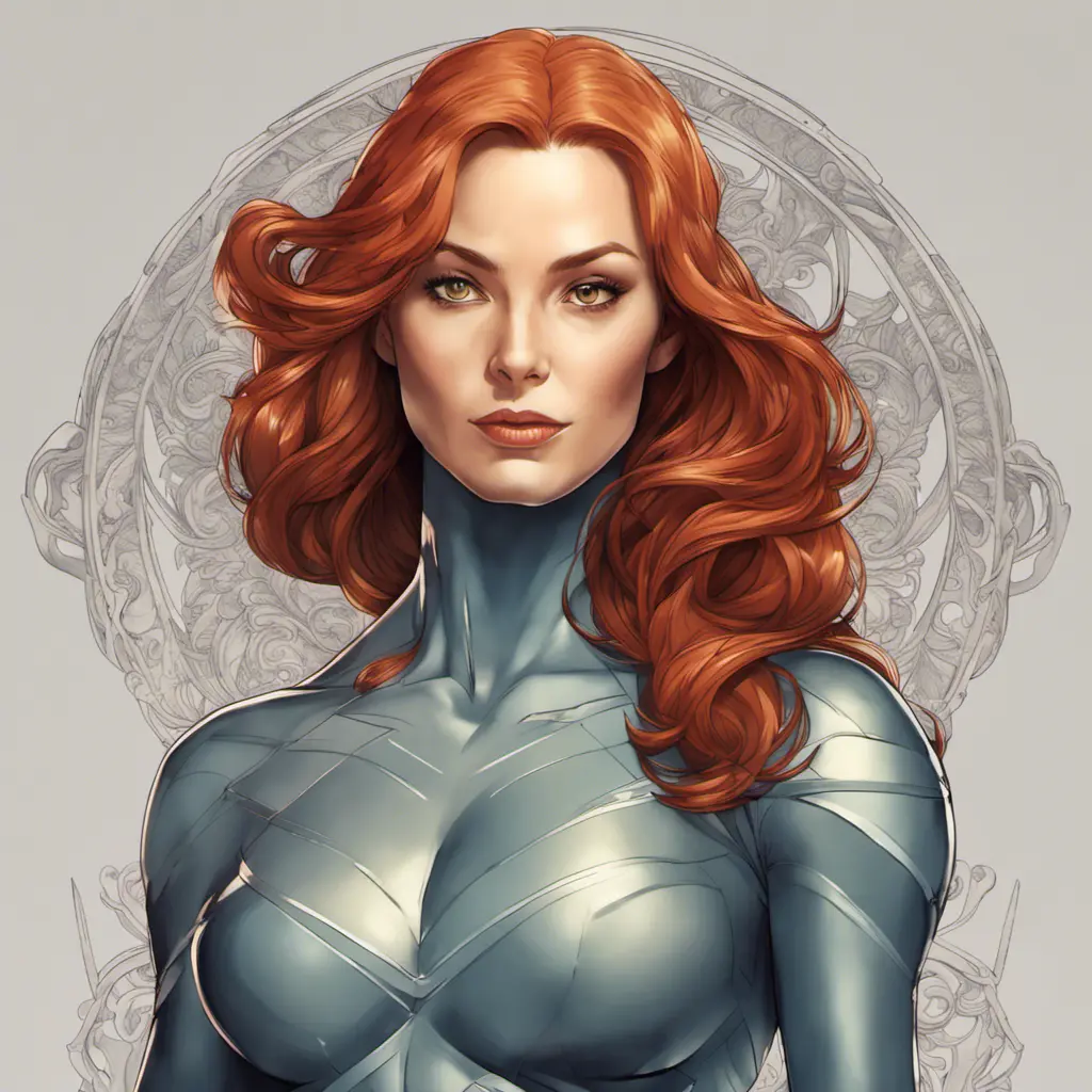 Alluring matte portrait of a beautiful Jean Grey from X-Men, 8k, Highly Detailed, Intricate, Half Body, Realistic, Sharp Focus, Volumetric Lighting, Fantasy, Elegant by Alphonse Mucha