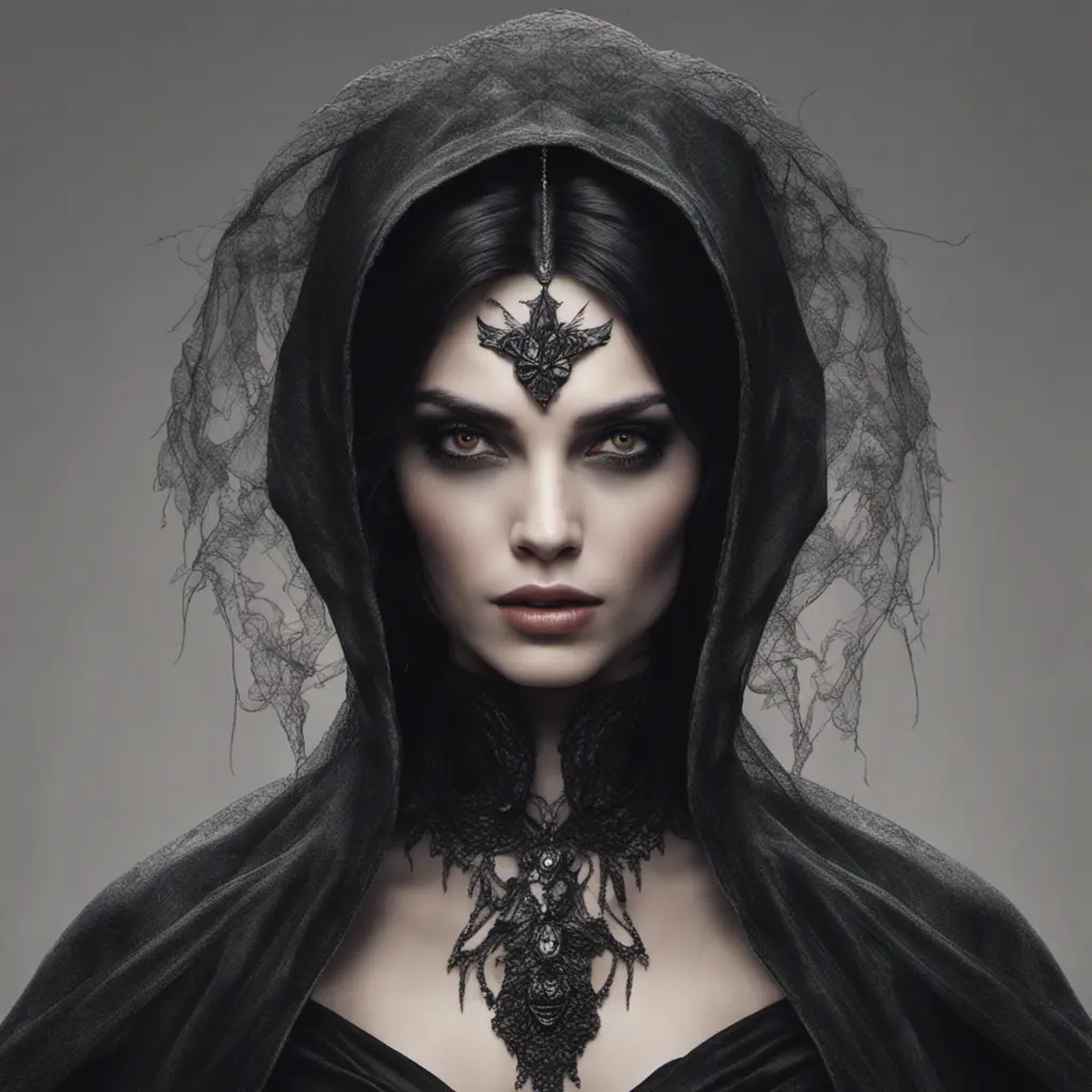 Alluring portrait of a beautiful raven black-haired veiled & caped vampire with sharp features and piercing eyes in the style of Stefan Kostic, 8k, High Definition, Highly Detailed, Intricate, Half Body, Realistic, Sharp Focus, Fantasy, Elegant