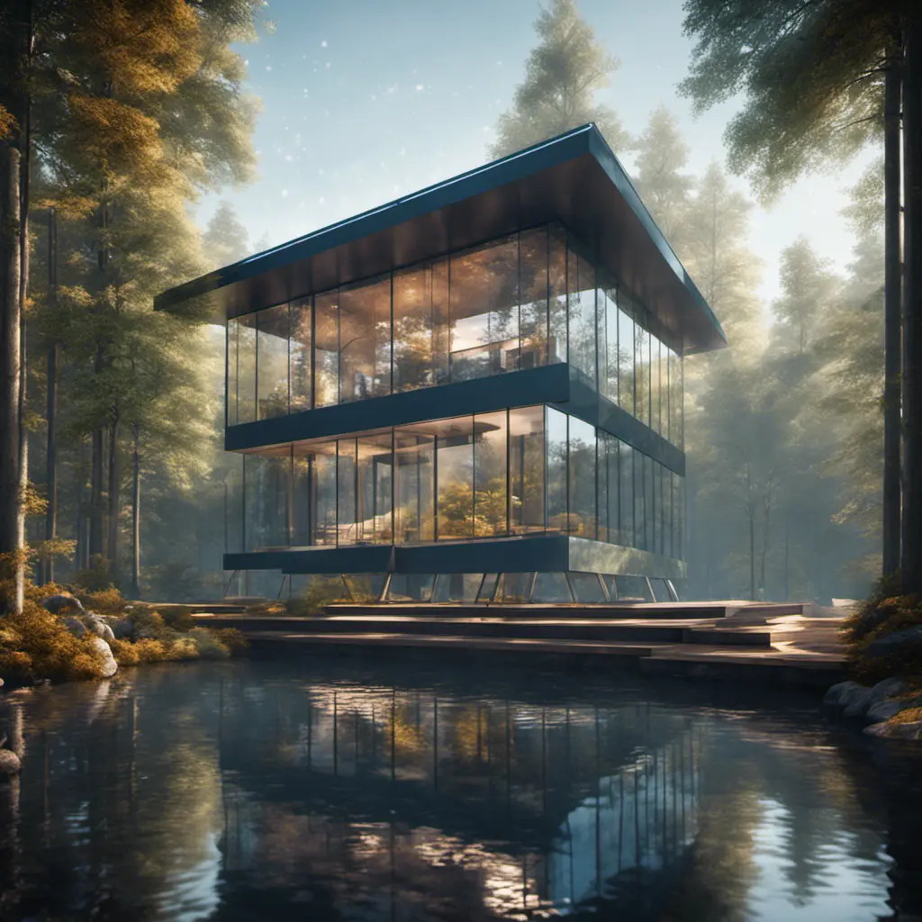 Beautiful futuristic architectural glass house in the forest on a large lake, 8k, Award-Winning, Highly Detailed, Beautiful, Epic, Octane Render, Unreal Engine, Radiant, Volumetric Lighting by Leonid Afremov