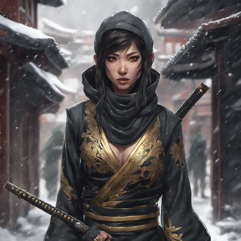 Mysterious beautiful armed kunoichi ninja wearing eyeliner and gold jewelry in the streets of a dark snowy town, 8k, Intricate Details, Trending on Artstation, Beautiful, Stunning, Centered by Stanley Artgerm Lau, WLOP