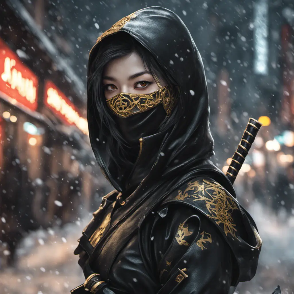 Mysterious beautiful armed kunoichi ninja wearing black leather and gold in the streets of dark snowy tokyo, 8k, Intricate Details, Trending on Artstation, Beautiful, Stunning, Centered by Stanley Artgerm Lau, WLOP