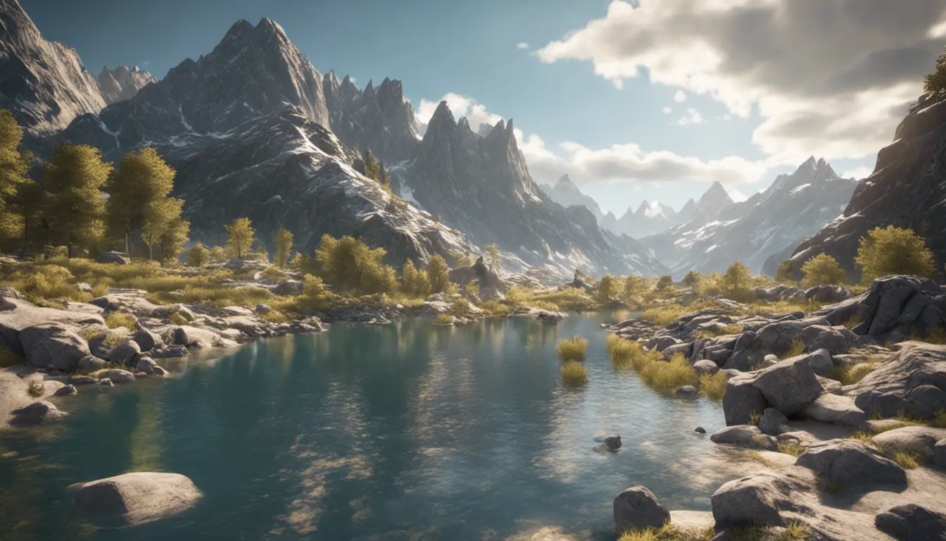 Lake in mountains streams and rivers flow down slopes of mountains and rocks into the valley spring in mountains, 8k, Award-Winning, Highly Detailed, Beautiful, Octane Render, Unreal Engine, Radiant, Volumetric Lighting by Greg Rutkowski