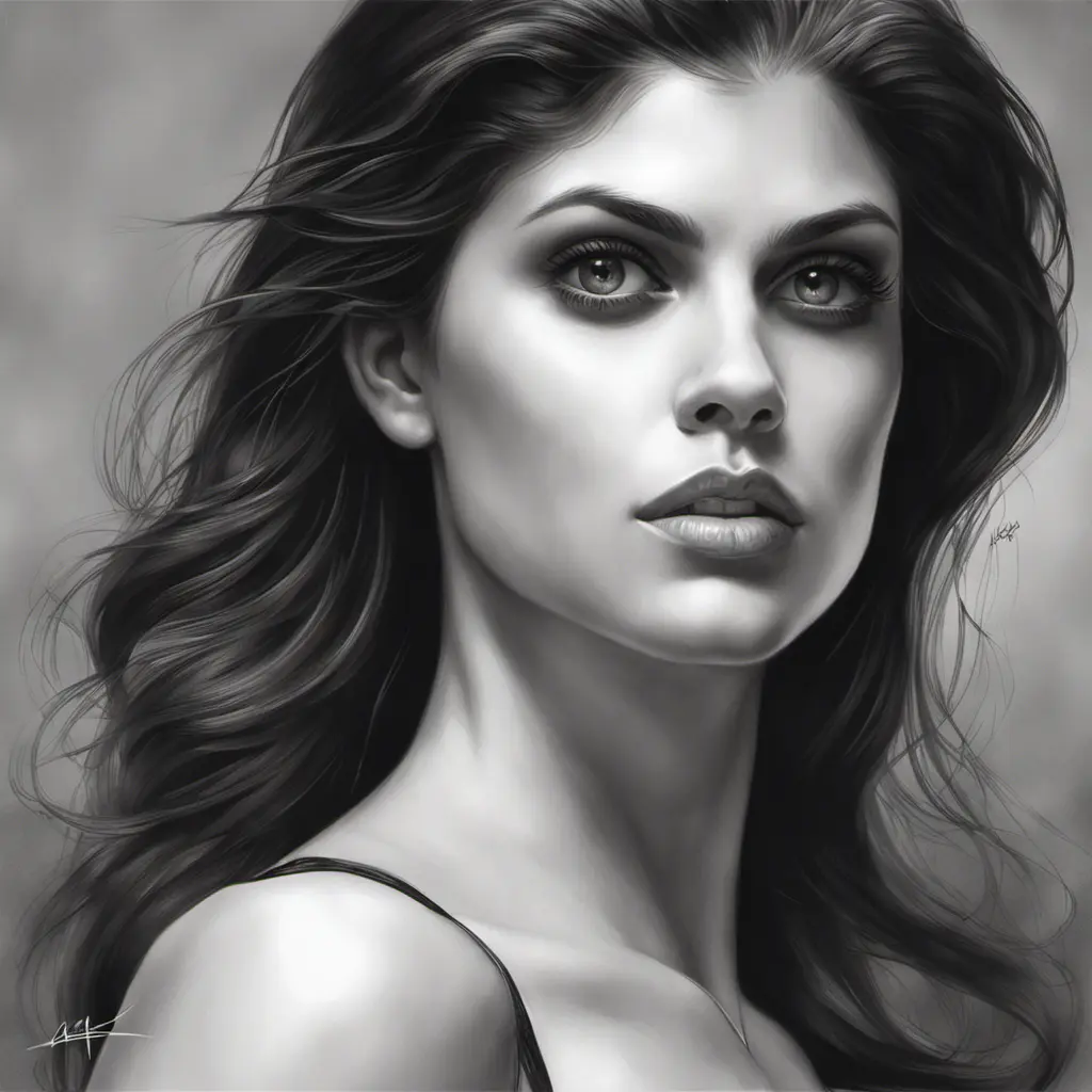 Alluring matte portrait of a fierce beautiful Alexandra Daddario in black, 8k, Highly Detailed, Intricate, Half Body, Realistic, Sharp Focus, Volumetric Lighting, Fantasy, Elegant by Stanley Artgerm Lau, WLOP, Stefan Kostic