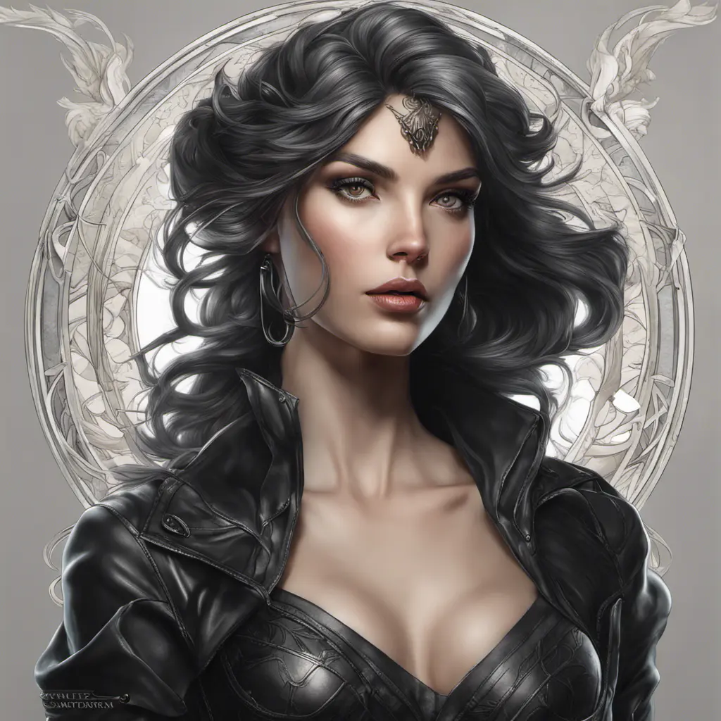 Alluring matte portrait of the beautiful Artemis in black leather, 8k, Highly Detailed, Intricate, Realistic, Sharp Focus, Volumetric Lighting, Fantasy, Elegant by Stanley Artgerm Lau, Alphonse Mucha, WLOP