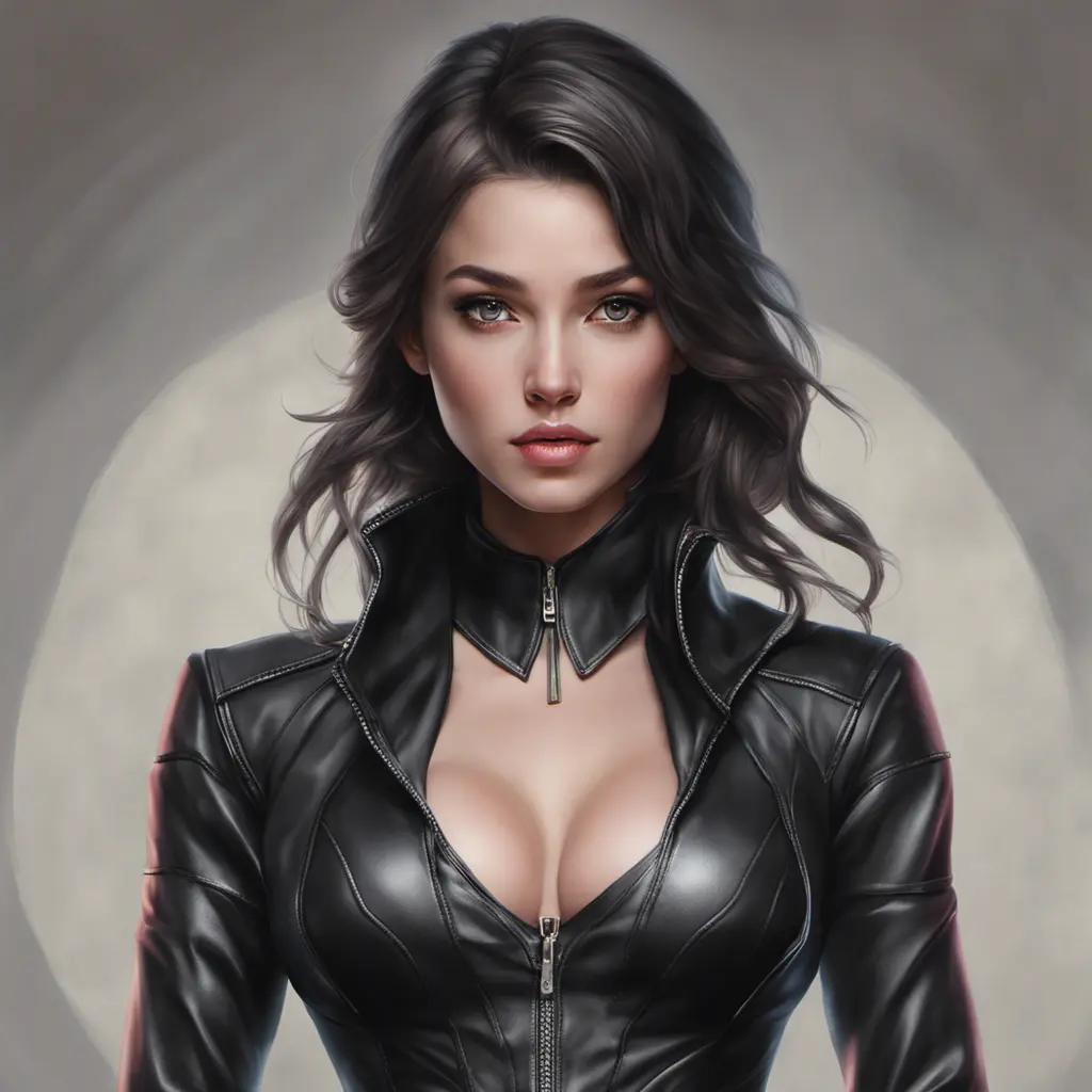 Alluring matte portrait of a beautiful A2 wearing black leather, 8k, Highly Detailed, Intricate, Half Body, Realistic, Sharp Focus, Volumetric Lighting, Fantasy, Elegant by Stanley Artgerm Lau, WLOP