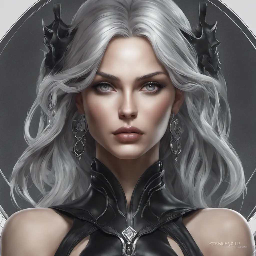 Alluring matte portrait of the beautiful goddess Selene in black leather, 8k, Highly Detailed, Intricate, Realistic, Sharp Focus, Volumetric Lighting, Fantasy, Elegant by Stanley Artgerm Lau, Alphonse Mucha, WLOP