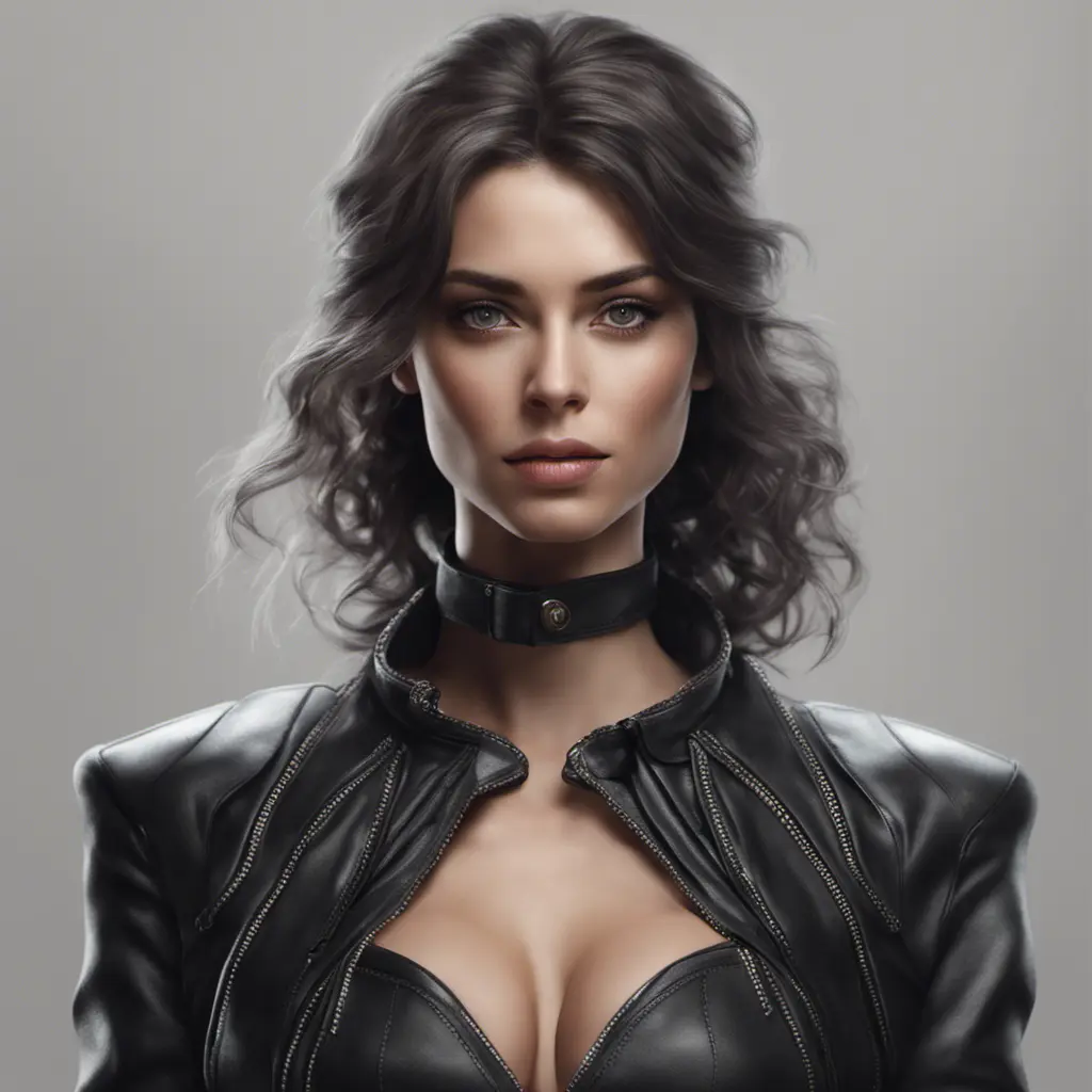 Alluring matte portrait of a beautiful A2 in black leather in the style of Stefan Kostic, 8k, Highly Detailed, Intricate, Half Body, Realistic, Sharp Focus, Volumetric Lighting, Fantasy, Elegant by WLOP