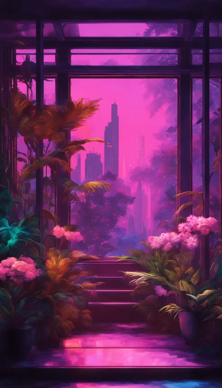 A beautiful render of city sunroom by georgia o'keeffe, galactic alien synthwave rainforest noir thermal imaging myst uv light, flowers, Highly Detailed, Digital Painting, Cinematic Lighting, Neon, Concept Art