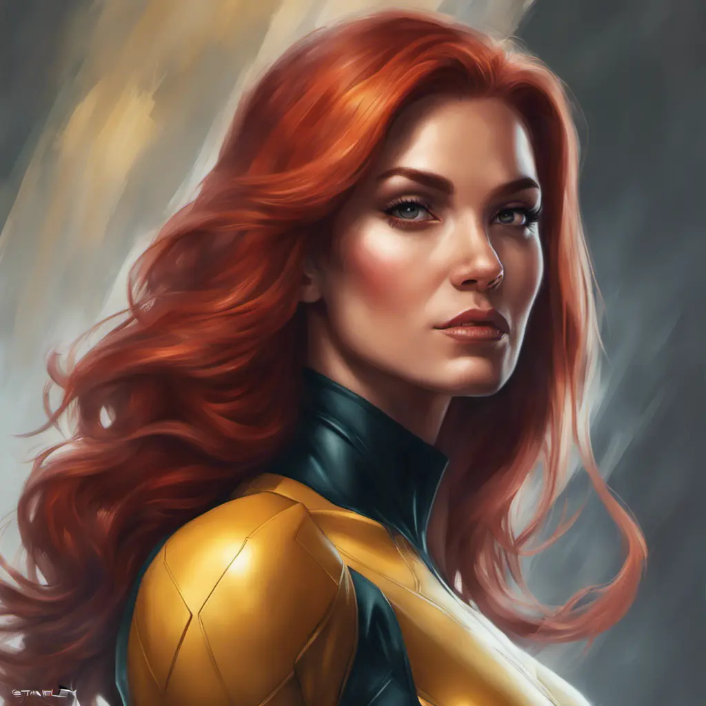 Alluring matte portrait of a beautiful Jean Grey from X-Men, 8k, Highly Detailed, Intricate, Half Body, Realistic, Sharp Focus, Volumetric Lighting, Fantasy, Elegant by Stanley Artgerm Lau