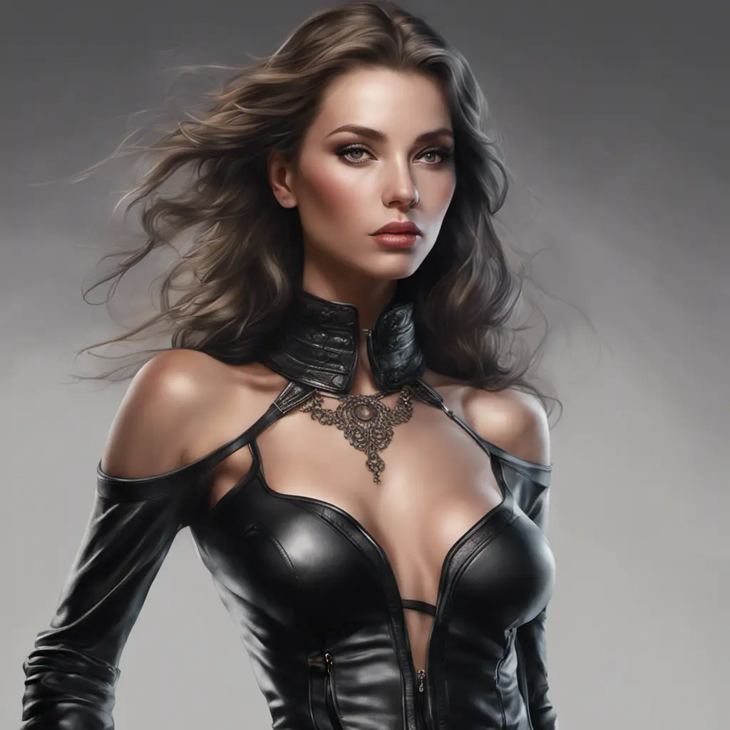 Alluring matte portrait of a beautiful A2 in black leather in the style of Stefan Kostic, 8k, Highly Detailed, Intricate, Half Body, Realistic, Sharp Focus, Volumetric Lighting, Fantasy, Elegant by Stanley Artgerm Lau, WLOP