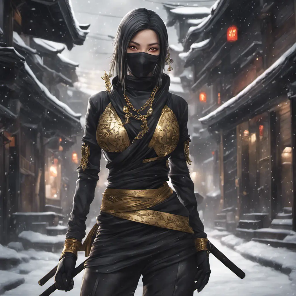 Mysterious beautiful armed kunoichi ninja wearing eyeliner and gold jewelry in the streets of a dark snowy town, 8k, Intricate Details, Trending on Artstation, Beautiful, Stunning, Centered by Stanley Artgerm Lau, WLOP