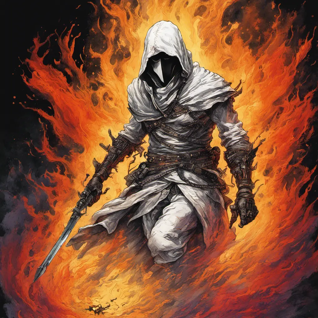 White Assassin emerging from a firey fog of battle, ink splash, Highly Detailed, Vibrant Colors, Ink Art, Fantasy, Dark by Vincent Di Fate