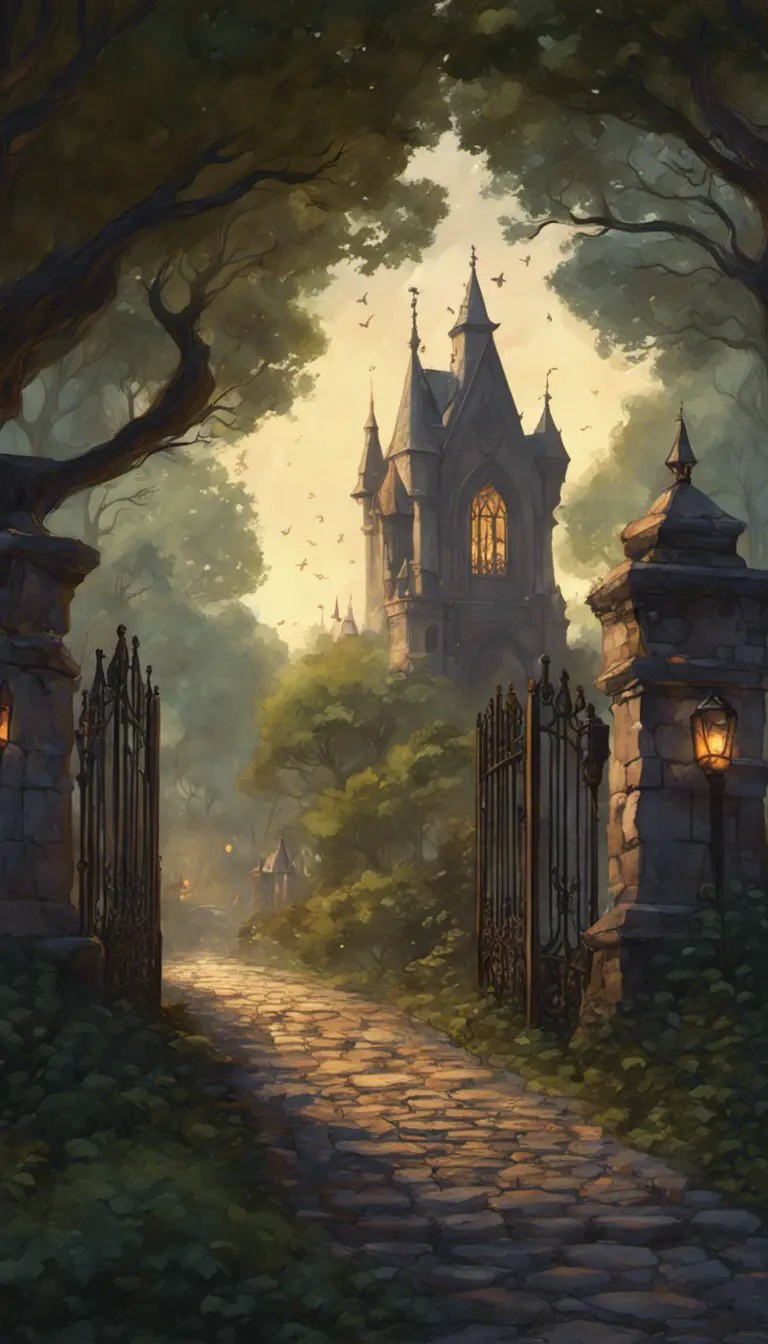 A beautiful digital illustration painting of a detailed gothic fantasy fireflies forest trees and iron gate cobblestone pathway vines full moon, 8k, Artstation, Digital Illustration, Concept Art by Justin Gerard, James Gurney