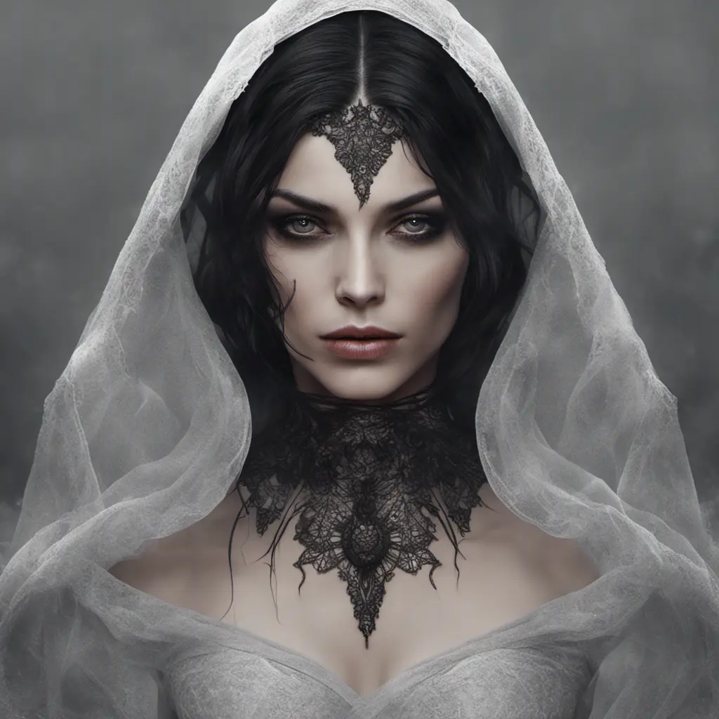 Alluring portrait of a beautiful raven black haired veiled vampire in the style of Stefan Kostic, 8k, High Definition, Highly Detailed, Intricate, Half Body, Realistic, Sharp Focus, Fantasy, Elegant