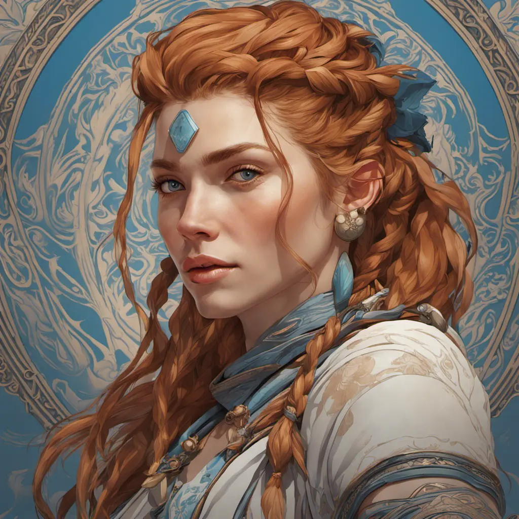 Alluring matte portrait of a beautiful Aloy, 8k, Highly Detailed, Intricate, Half Body, Realistic, Sharp Focus, Volumetric Lighting, Fantasy, Elegant by Alphonse Mucha