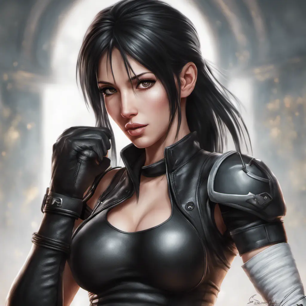 Alluring matte portrait of a beautiful Tifa Lockhart wearing black leather, 8k, Highly Detailed, Intricate, Half Body, Realistic, Sharp Focus, Volumetric Lighting, Fantasy, Elegant by Stanley Artgerm Lau, WLOP