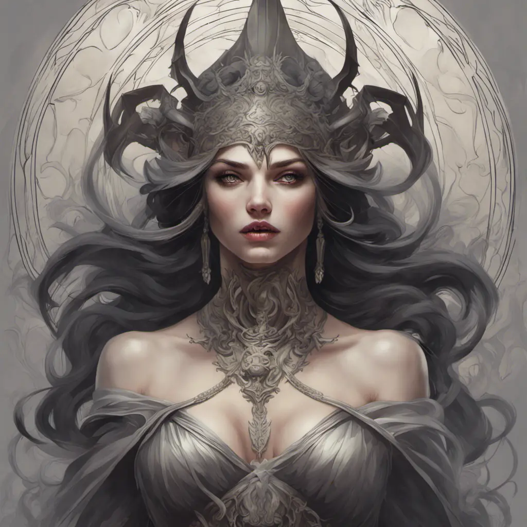 Alluring matte portrait of a beautiful Goddess of Death Hel, 4k, Highly Detailed, Hyper Detailed, Powerful, Artstation, Vintage Illustration, Digital Painting, Sharp Focus, Smooth, Concept Art by Stanley Artgerm Lau, Alphonse Mucha, Greg Rutkowski