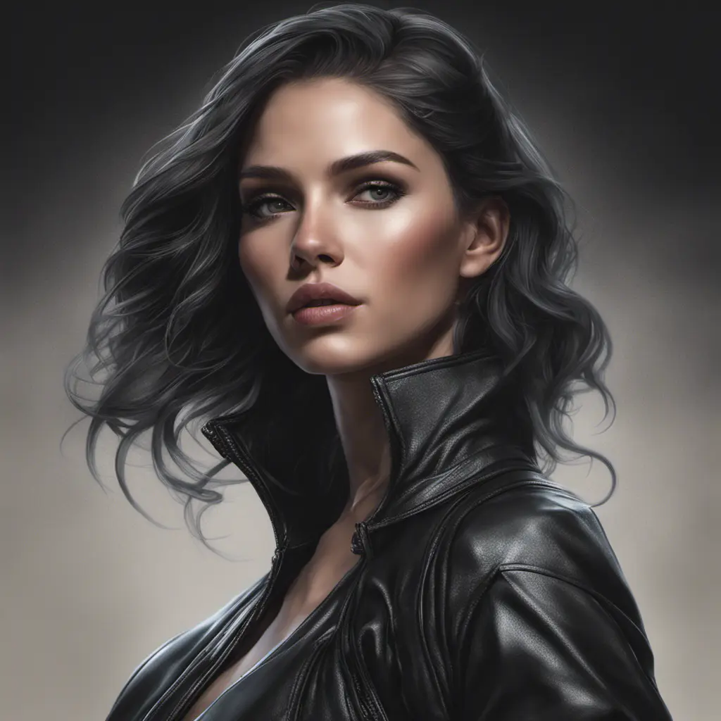 Alluring matte portrait of a beautiful A2 in black leather in the style of Stefan Kostic, 8k, Highly Detailed, Intricate, Half Body, Realistic, Sharp Focus, Volumetric Lighting, Fantasy, Elegant by Stanley Artgerm Lau, WLOP