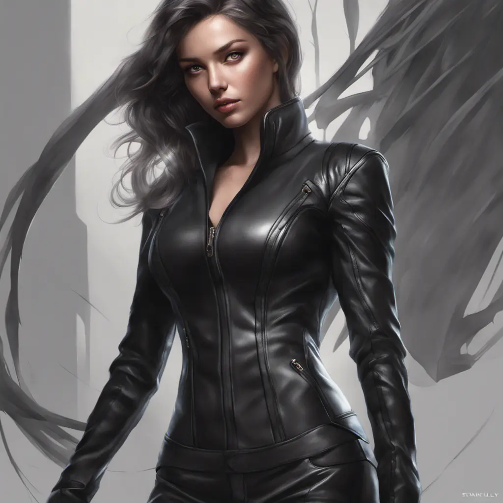 Alluring matte portrait of a beautiful A2 wearing black leather, 8k, Highly Detailed, Intricate, Half Body, Realistic, Sharp Focus, Volumetric Lighting, Fantasy, Elegant by Stanley Artgerm Lau, WLOP