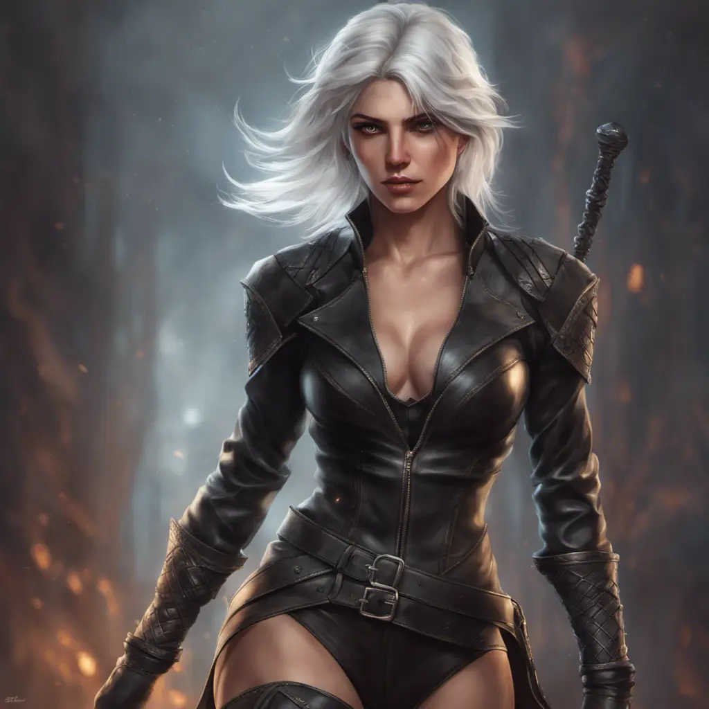 Alluring matte full body portrait of a beautiful Ciri wearing black leather, 8k, Highly Detailed, Intricate, Realistic, Sharp Focus, Volumetric Lighting, Fantasy, Elegant by Stanley Artgerm Lau, WLOP