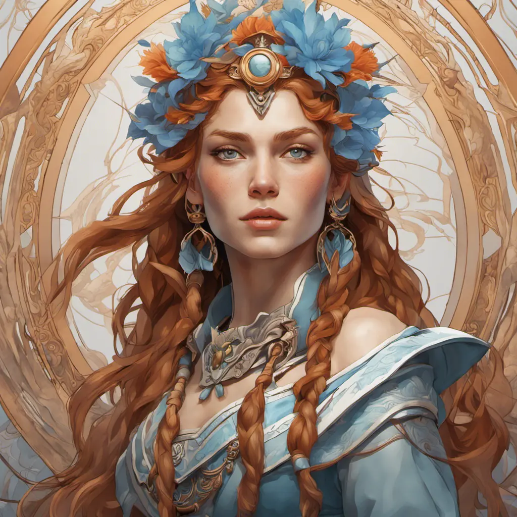 Alluring matte portrait of a beautiful Aloy, 8k, Highly Detailed, Intricate, Half Body, Realistic, Sharp Focus, Volumetric Lighting, Fantasy, Elegant by Alphonse Mucha