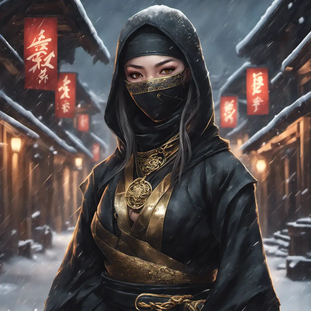 Mysterious beautiful armed kunoichi ninja wearing eyeliner and gold jewelry in the streets of a dark snowy town, 8k, Intricate Details, Trending on Artstation, Beautiful, Stunning, Centered by Stanley Artgerm Lau, WLOP