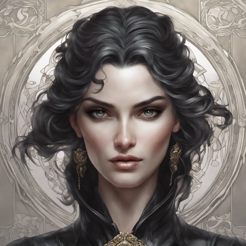 Alluring matte portrait of a beautiful Morgana wearing black leather, 8k, Highly Detailed, Intricate, Half Body, Realistic, Sharp Focus, Volumetric Lighting, Fantasy, Elegant by Stanley Artgerm Lau, Alphonse Mucha, WLOP